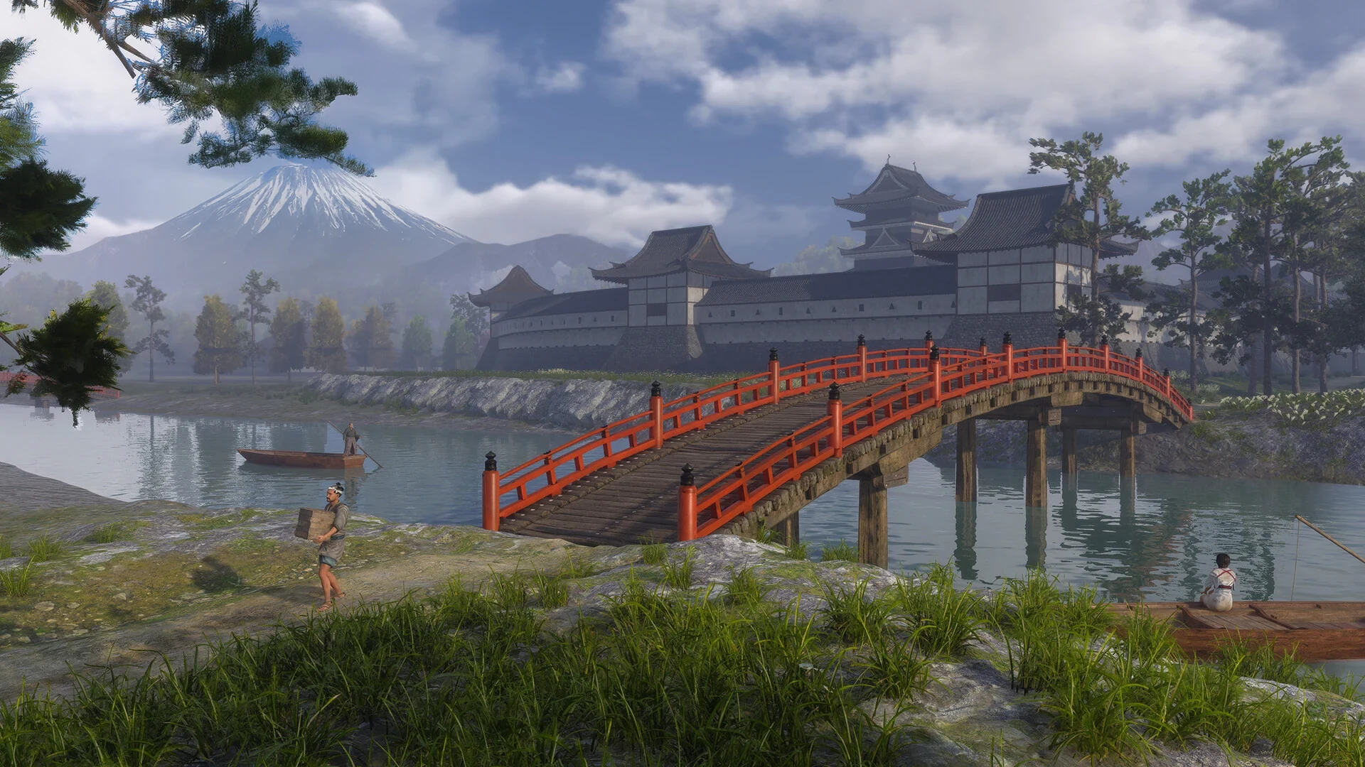 红面具浪人湖面红桥与远处城堡场景