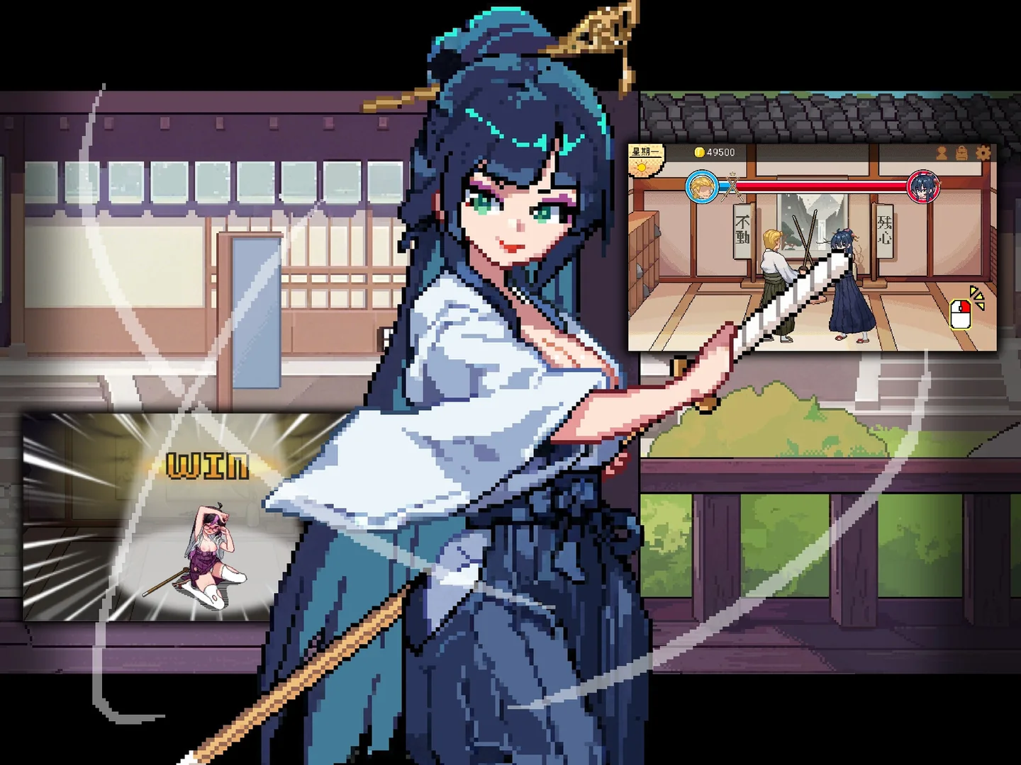 像素风剑道馆中，持竹刀的角色进行挥击训练