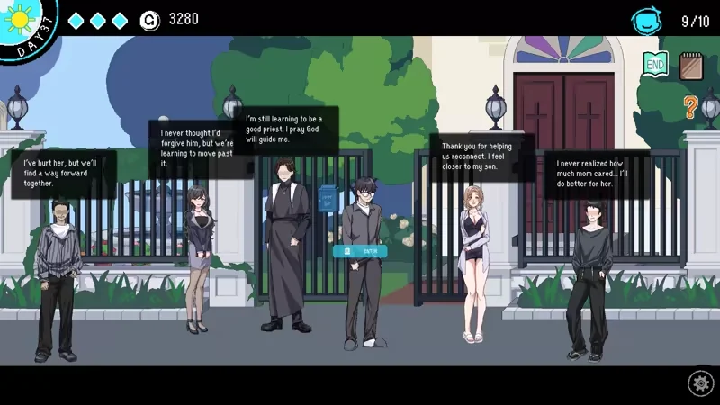 教堂入口前的 NPC 与对话选择